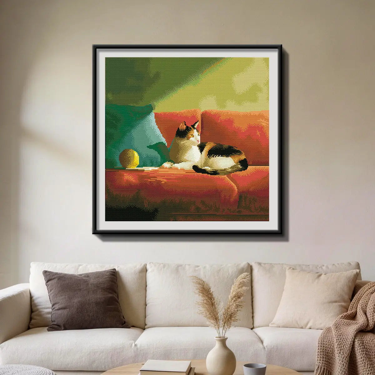Couch Chill diamond painting hung on a wall above a beige sofa - FEELOOK Art