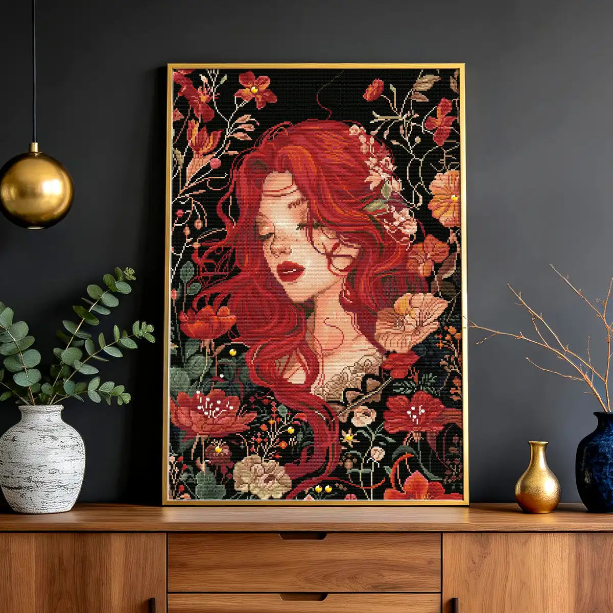 Crimson Flora 5D diamond painting in bedroom: creates warm, blooming atmosphere - FEELOOK Art