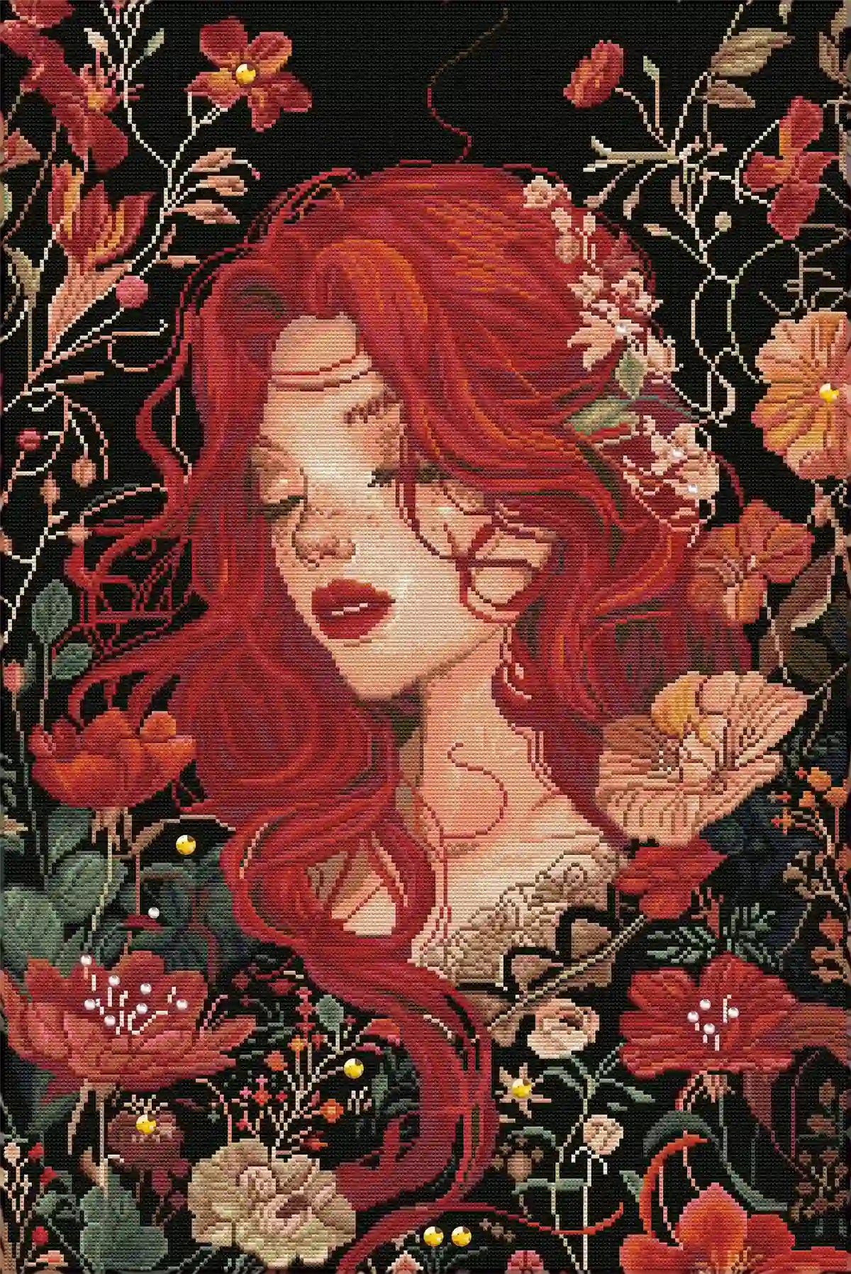 Completed Crimson Flora 5D diamond painting: vivid floral scene with detailed red hair & blooming accents - FEELOOK Art