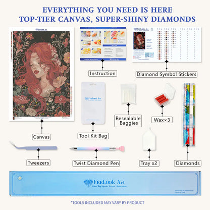 Crimson Flora 5D diamond painting kit: full set with canvas, diamonds & tools - FEELOOK Art