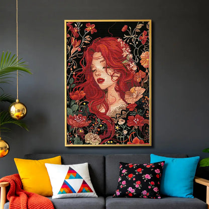 Crimson Flora 5D diamond painting in living room: adds rich floral elegance to decor - FEELOOK Art