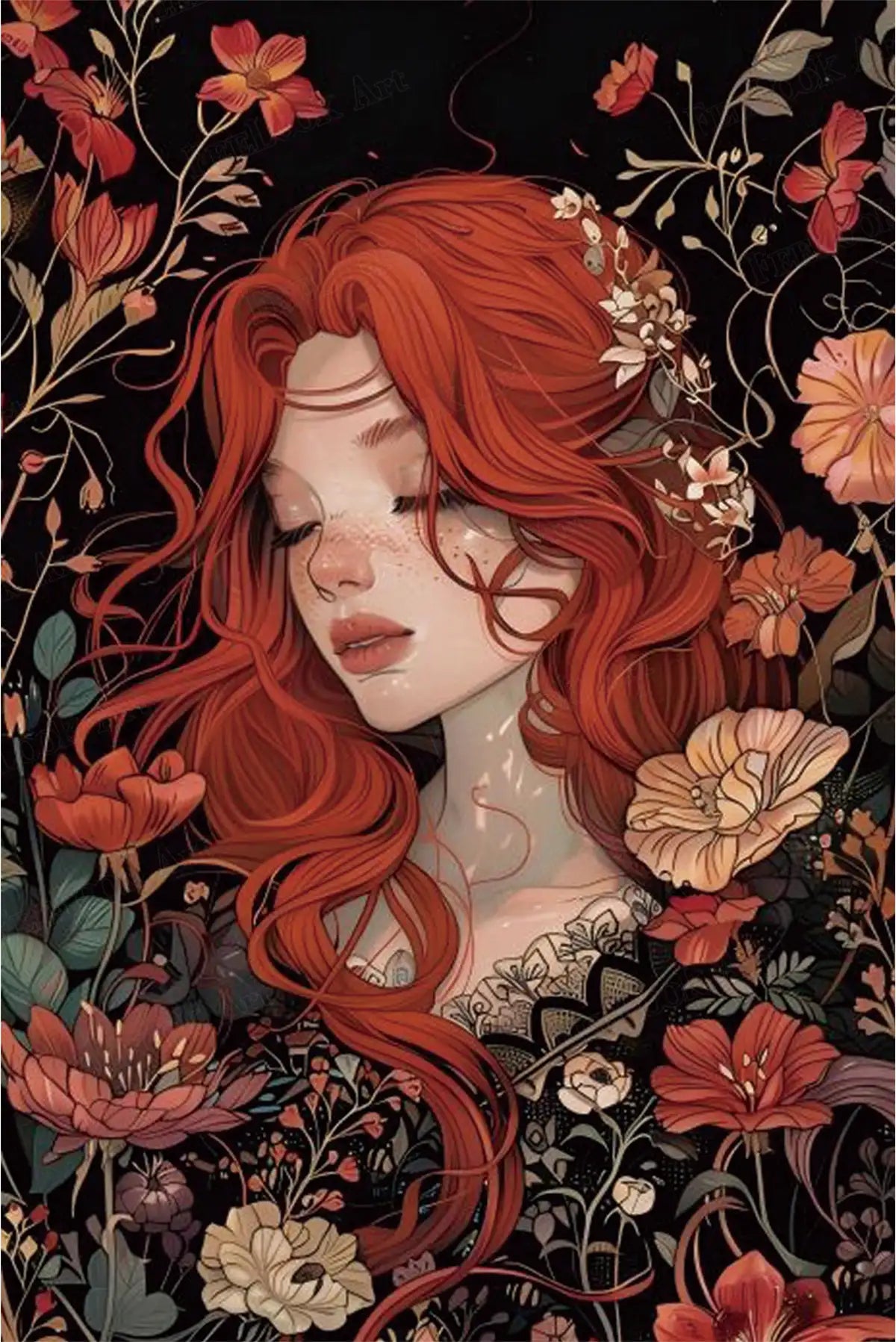 Main image of Crimson Flora 5D diamond painting: red-haired figure surrounded by rich crimson & neutral blooms - FEELOOK Art