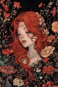 Main image of Crimson Flora 5D diamond painting: red-haired figure surrounded by rich crimson & neutral blooms - FEELOOK Art