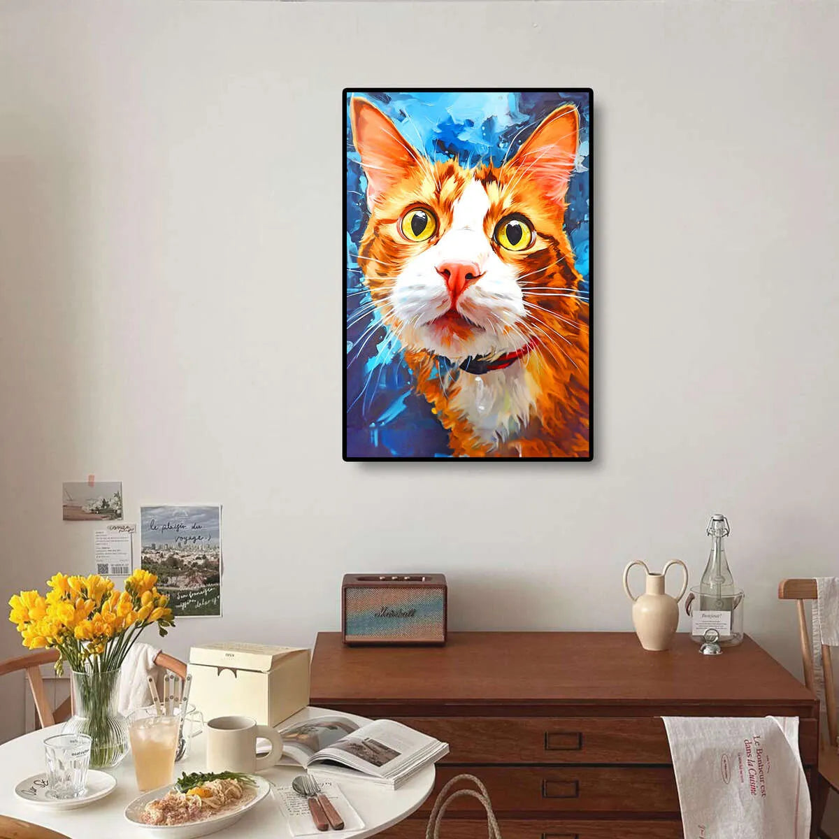Curious Cat diamond painting shown in a cozy room setting, adding charm and personality to any space