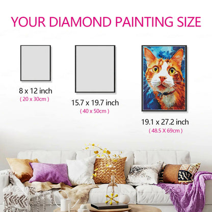 Wall-mounted size comparison showing Curious Cat diamond painting artwork proportions in a living room setting