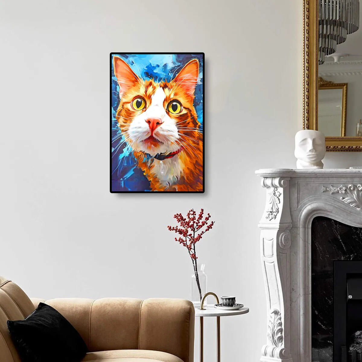Curious Cat diamond painting displayed on wall, perfect for cat lovers and modern home decor