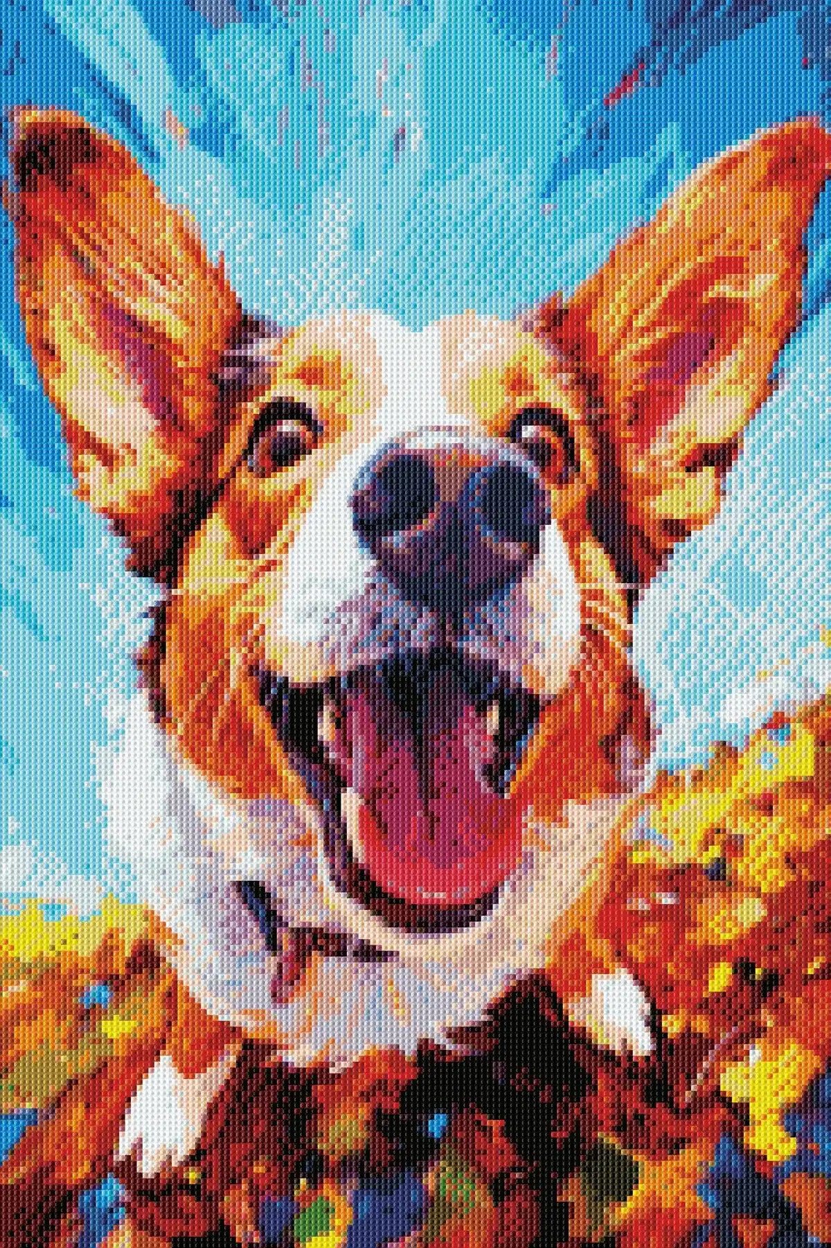 Rendered view of the Curious Dog diamond painting, with realistic sparkle effects and detailed features