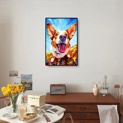 Curious Dog diamond painting shown in a cozy room setting, bringing warmth and charm to any space