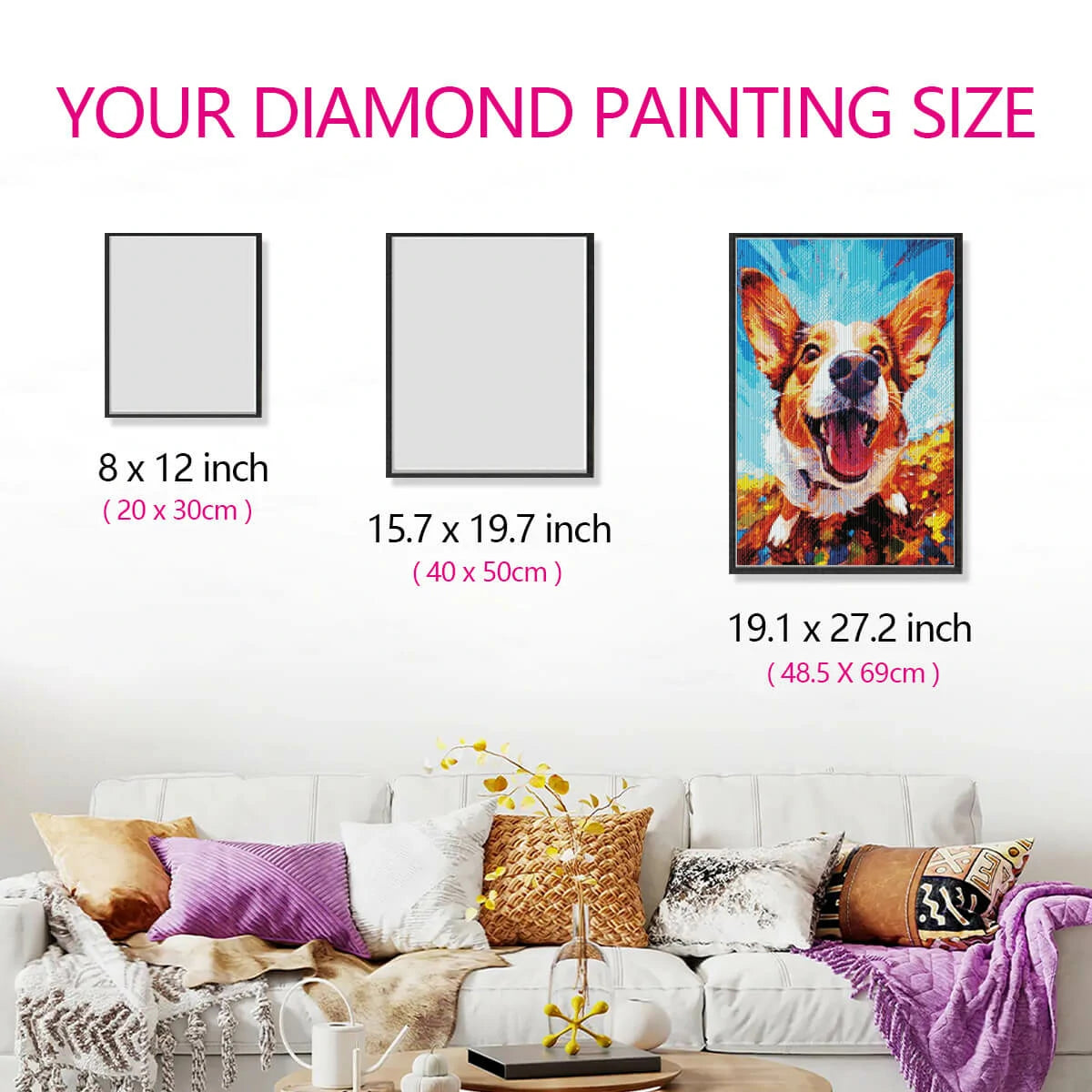 Wall-mounted size comparison showing Curious Dog diamond painting artwork proportions in a living room setting