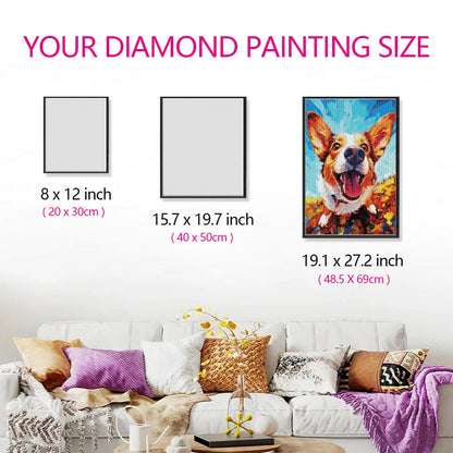 Wall-mounted size comparison showing Curious Dog diamond painting artwork proportions in a living room setting