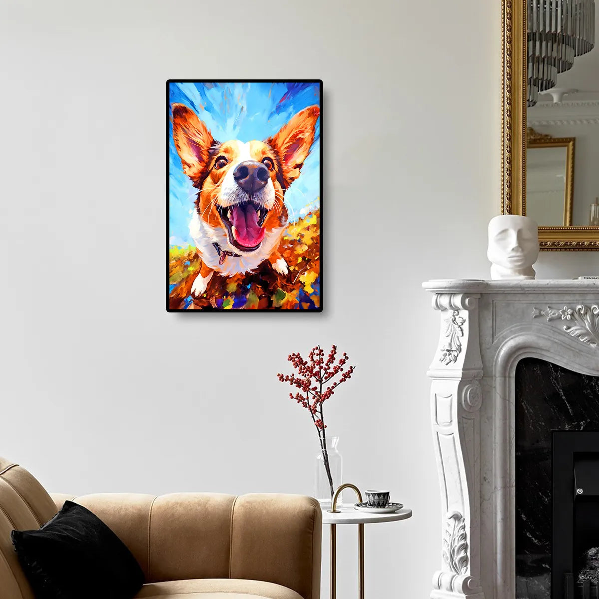 Curious Dog diamond painting displayed on wall, perfect for dog lovers and home decor