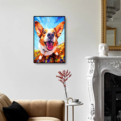 Curious Dog diamond painting displayed on wall, perfect for dog lovers and home decor