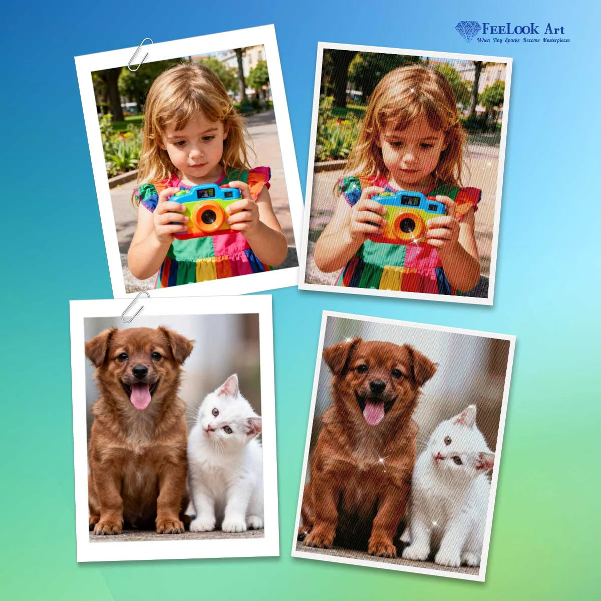 Comparison of original personal photos with completed Custom Photo Diamond Painting to showcase sparkling transformation – FEELOOK Art