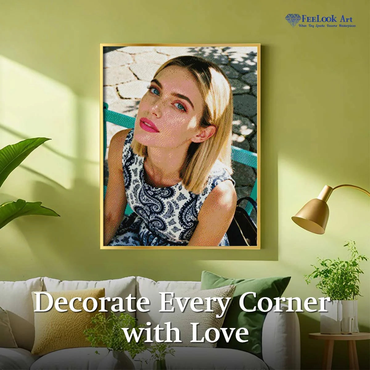Framed Custom Photo Diamond Painting displayed in a stylish room setting to show decoration effect – FEELOOK Art