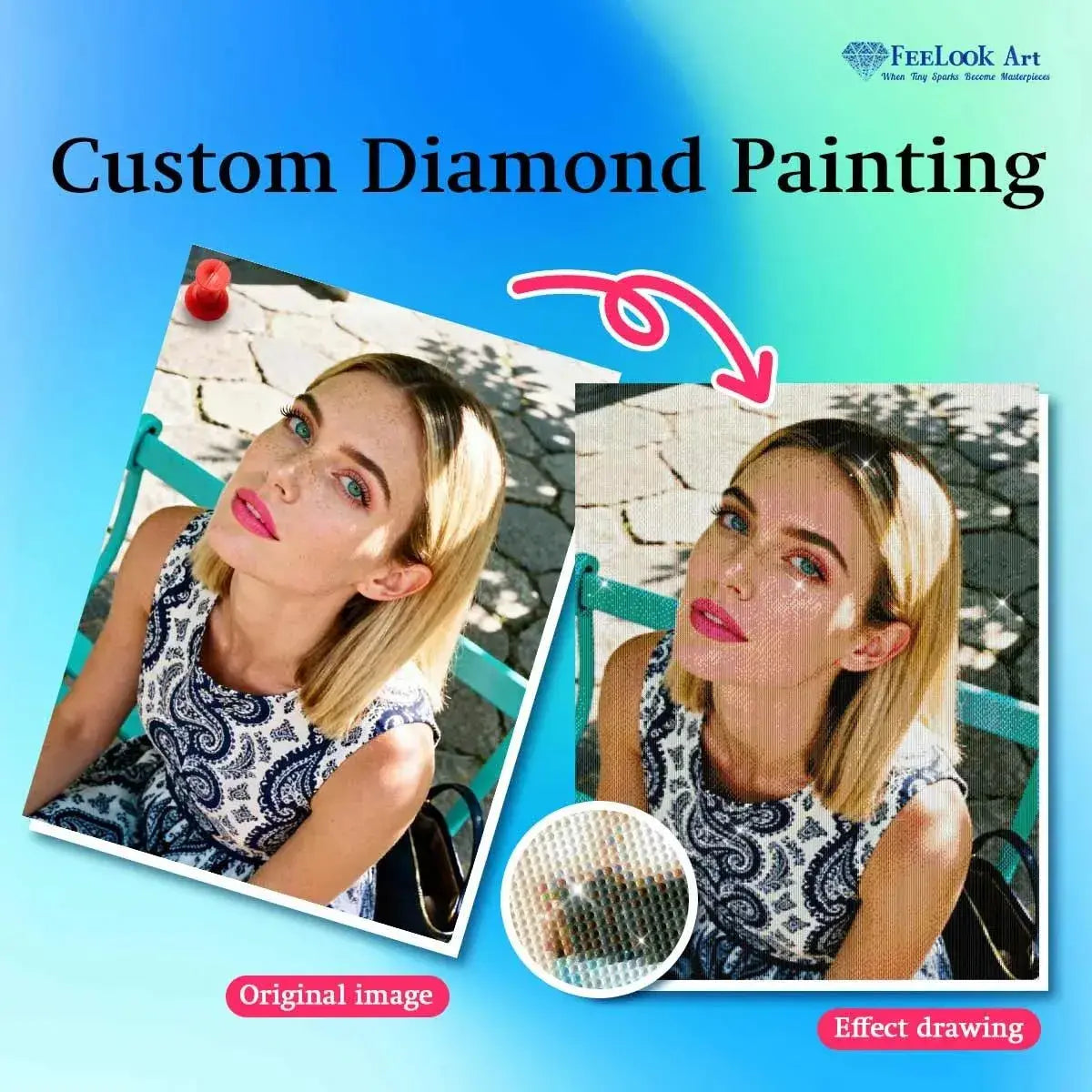 Custom Photo Diamond Painting showing original photo compared with sparkling diamond art transformation – FEELOOK Art