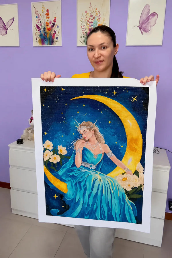 Customer showing a completed moon goddess diamond painting - FEELOOK Art