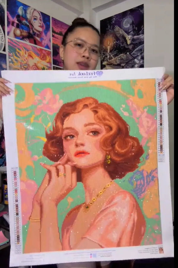 Customer showing the details of a vintage woman diamond painting - FEELOOK Art