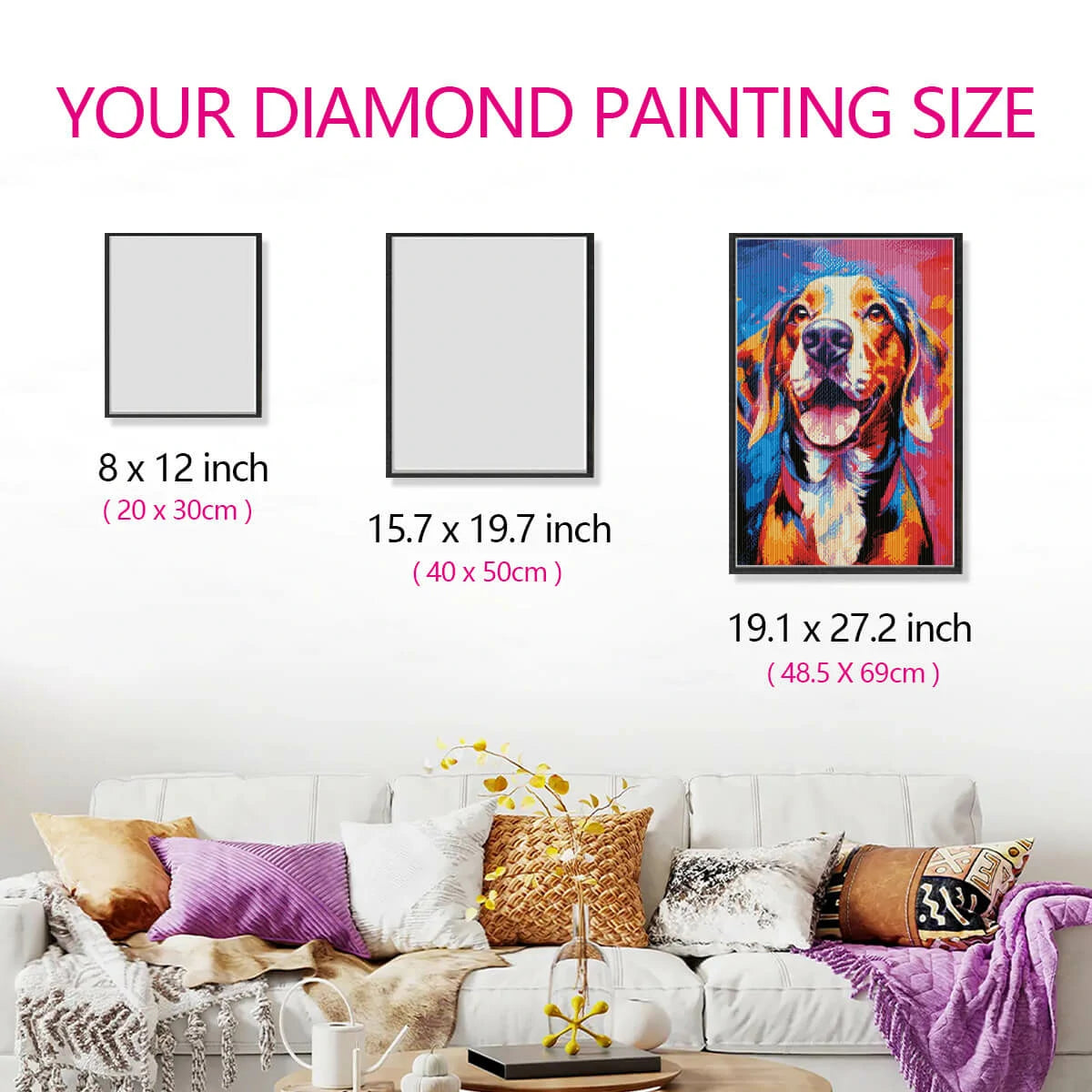 Size comparison chart for Dalmatian diamond painting kit