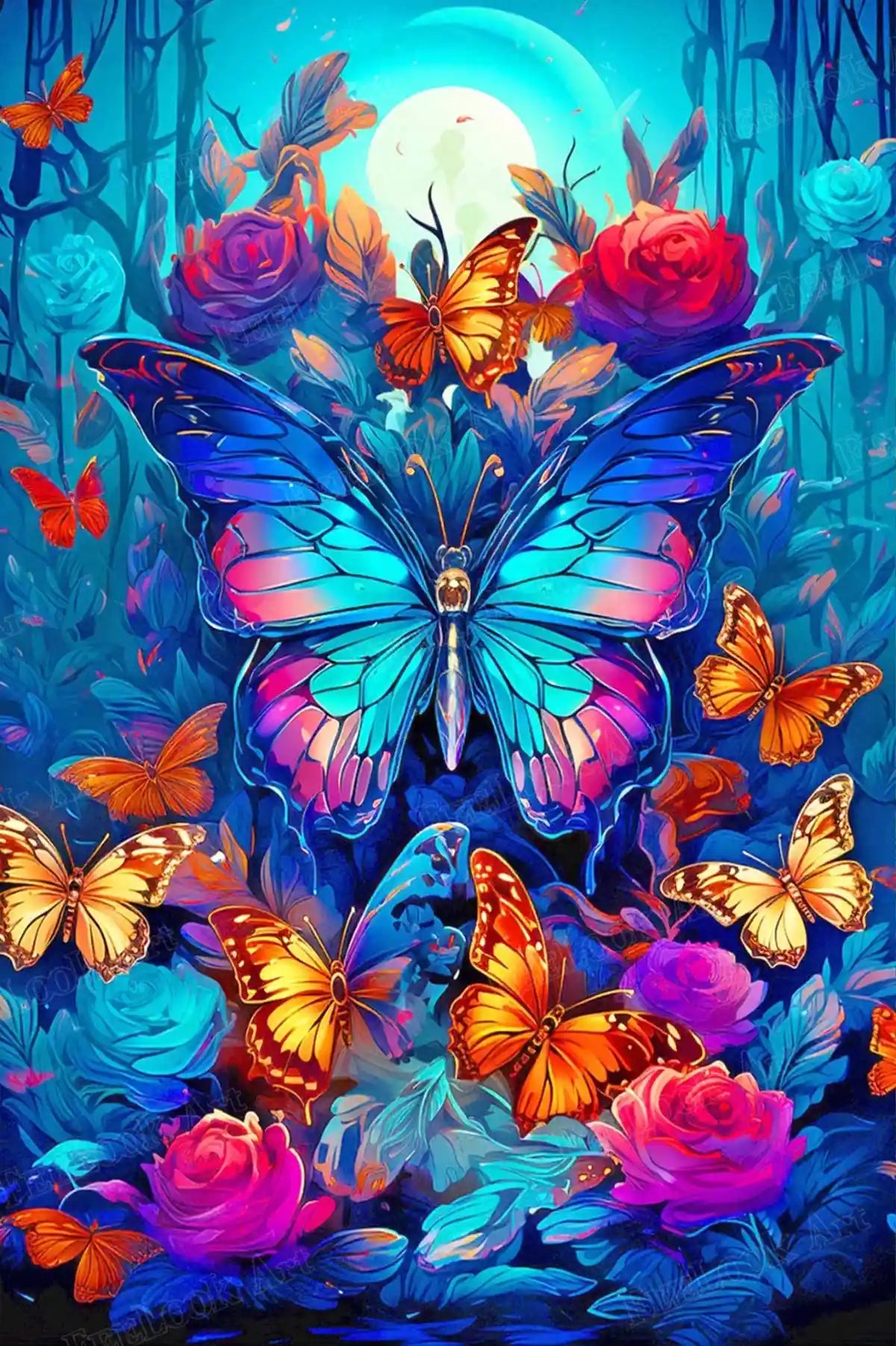 Dark Butterfly diamond painting kit with full drill round diamonds and a large glowing blue-purple butterfly centerpiece.