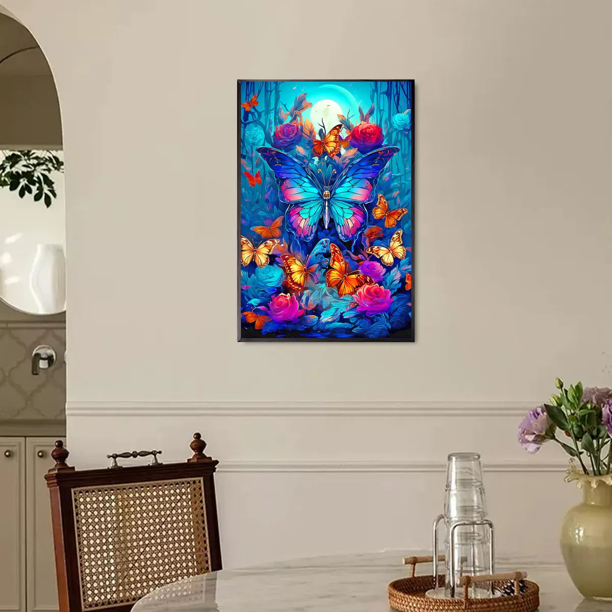 Mysterious butterfly diamond artwork framed in a dark-accent interior setting.