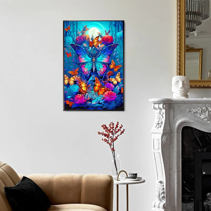 Blue-purple butterfly diamond art displayed in modern moody décor.