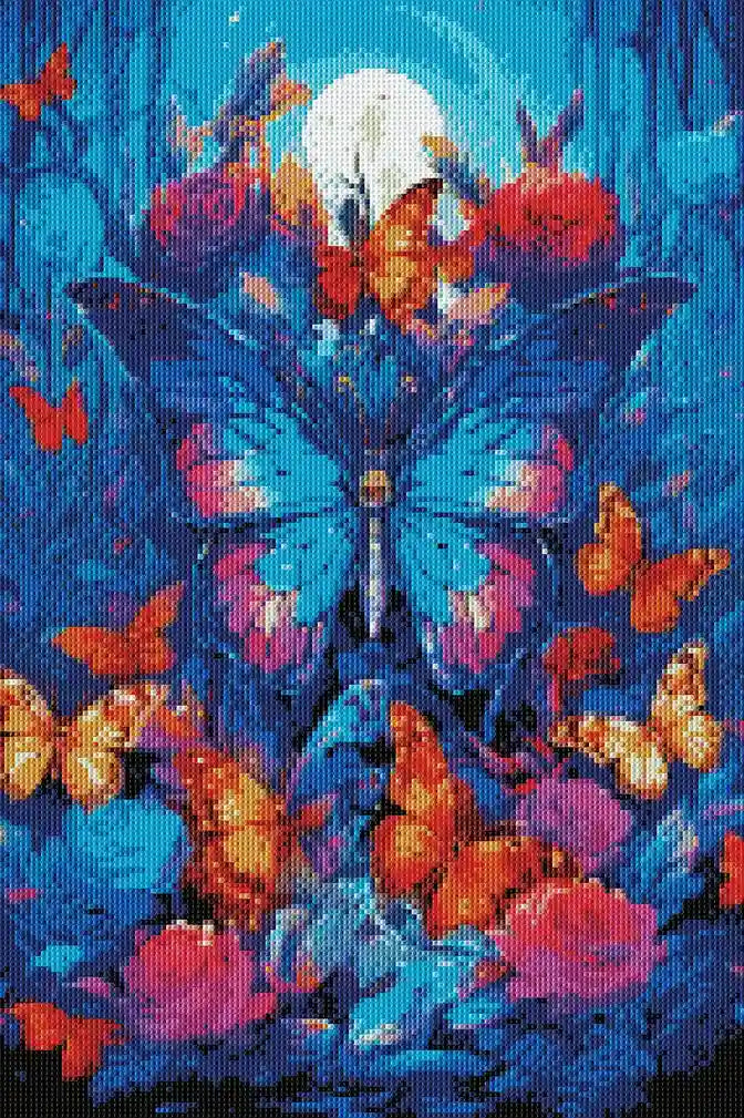 Completed diamond painting showing mysterious butterflies in twilight grasslands.