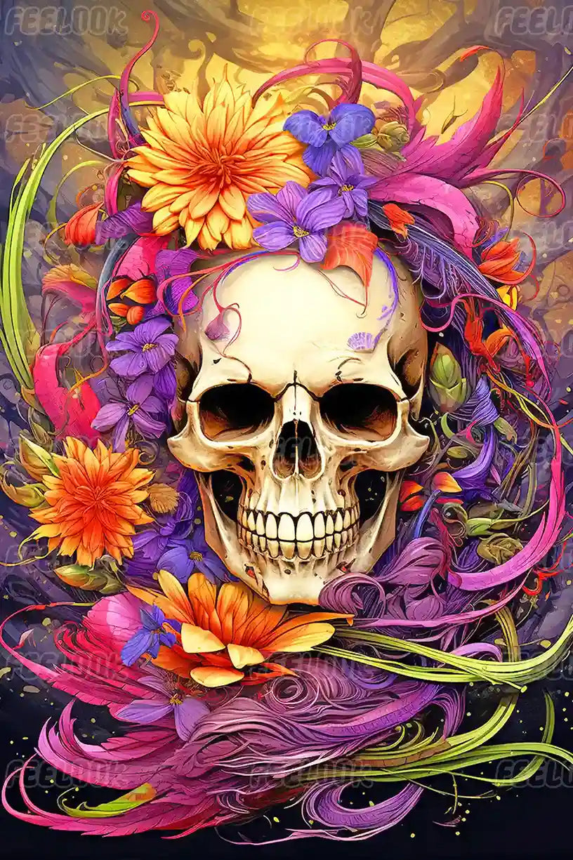 Dark Skull diamond painting kit with full drill round diamonds showing a skull surrounded by vivid flowers and foliage.