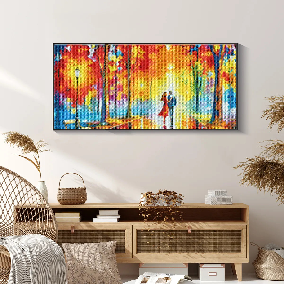 Dawn-themed diamond art of lovers hanging in cozy bedroom, highlighting unique diamond painting ideas.