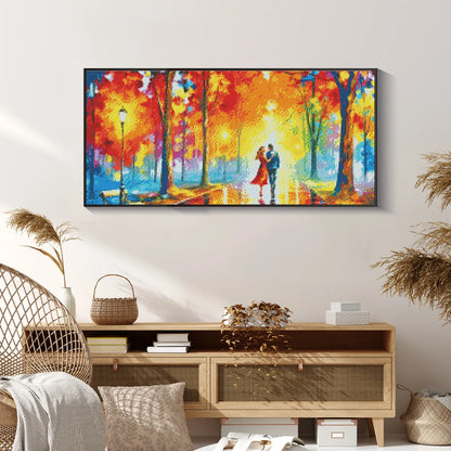 Dawn-themed diamond art of lovers hanging in cozy bedroom, highlighting unique diamond painting ideas.