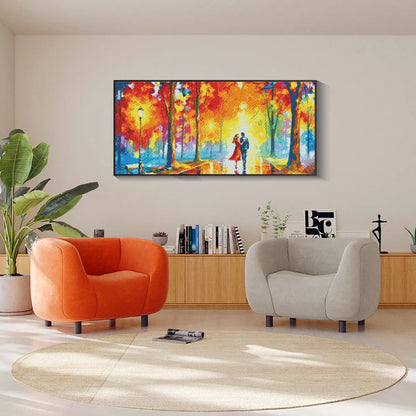 Framed dating diamond painting in serene interior space, ideal for calm, artistic ambiance.
