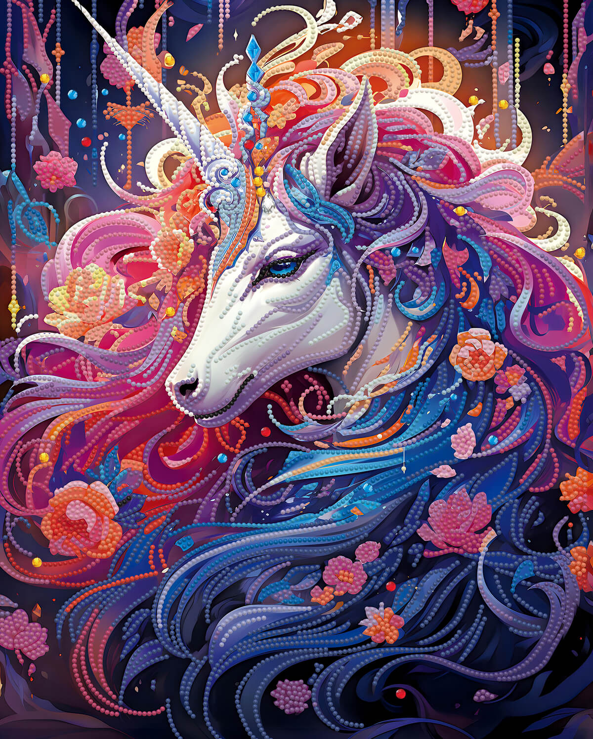 Rendered Dazzling Unicorn diamond painting art with vibrant colors and a shimmering mane.