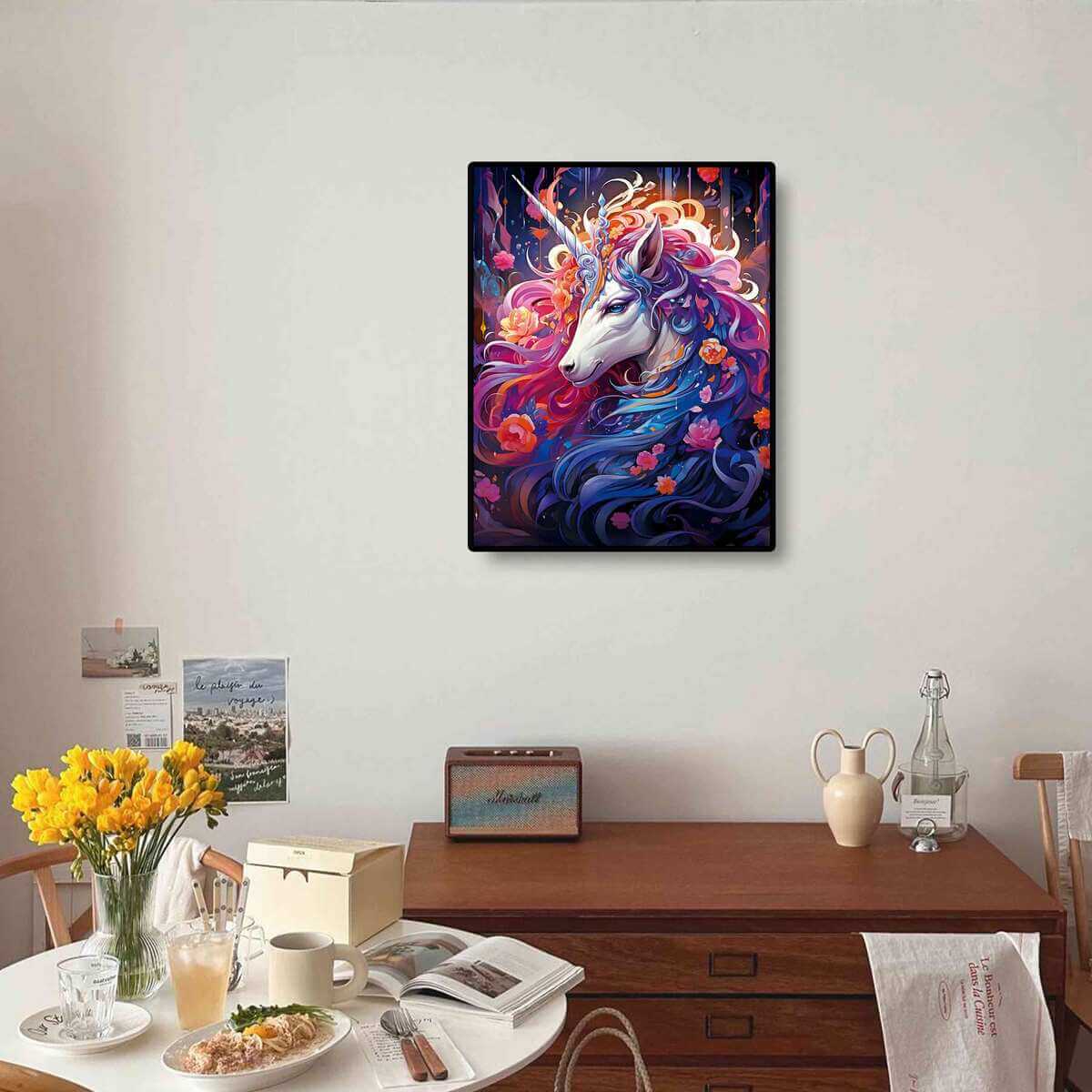 Dazzling Unicorn diamond painting art displayed in a magical, fantasy-themed room.