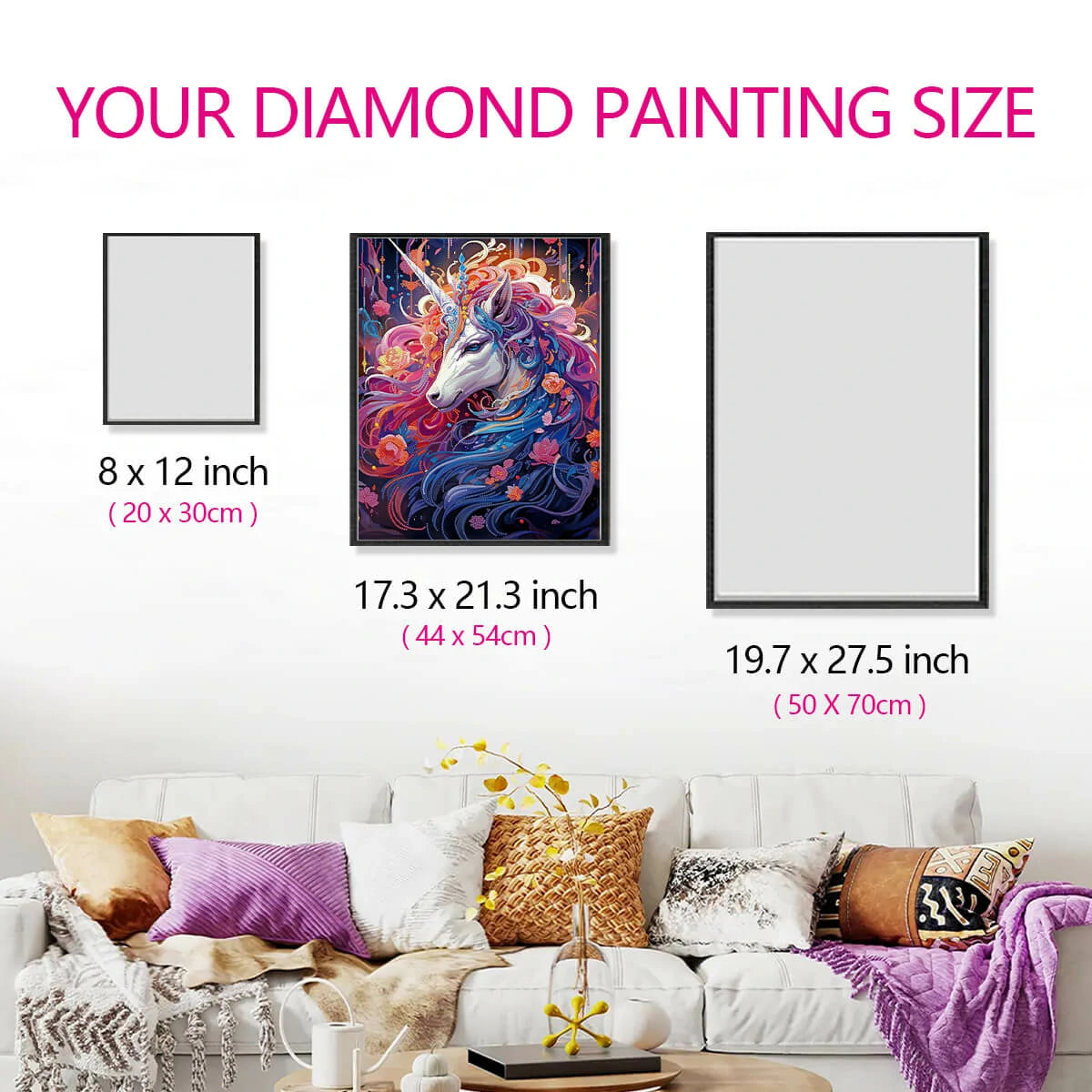 Dazzling Unicorn diamond art size guide shown in a living room display.