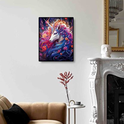 Dazzling Unicorn diamond painting on wall, perfect for a whimsical room.