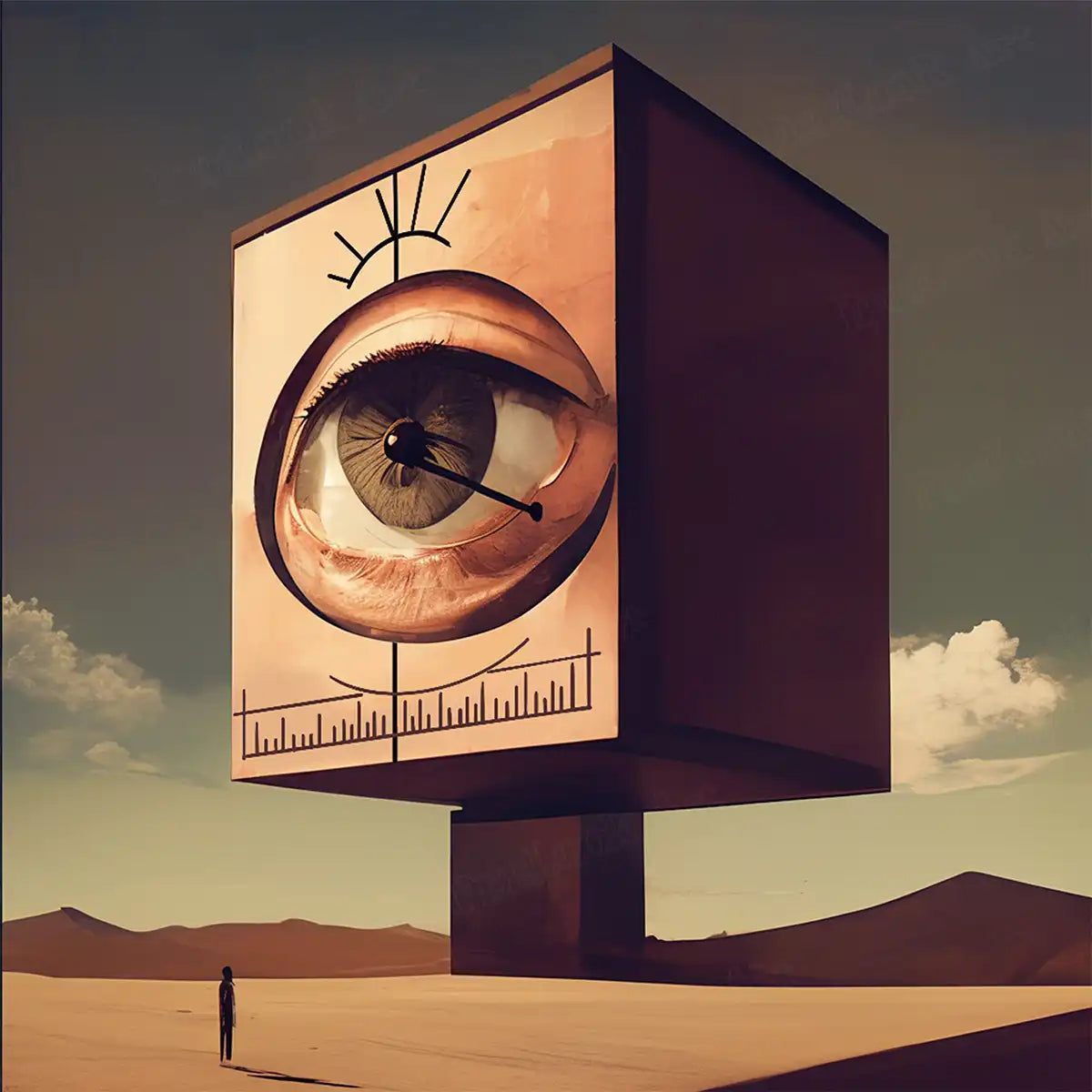 Desert Watcher 5D diamond painting kit with giant eye cube, sandy desert and surreal fantasy mood - FEELOOK Art