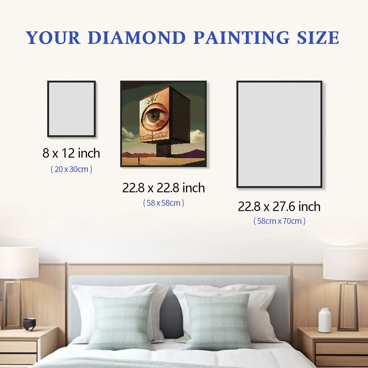 Desert Watcher 5D diamond painting size chart showing surreal eye cube artwork scale for wall decor - FEELOOK Art