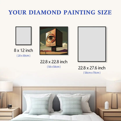 Desert Watcher 5D diamond painting size chart showing surreal eye cube artwork scale for wall decor - FEELOOK Art