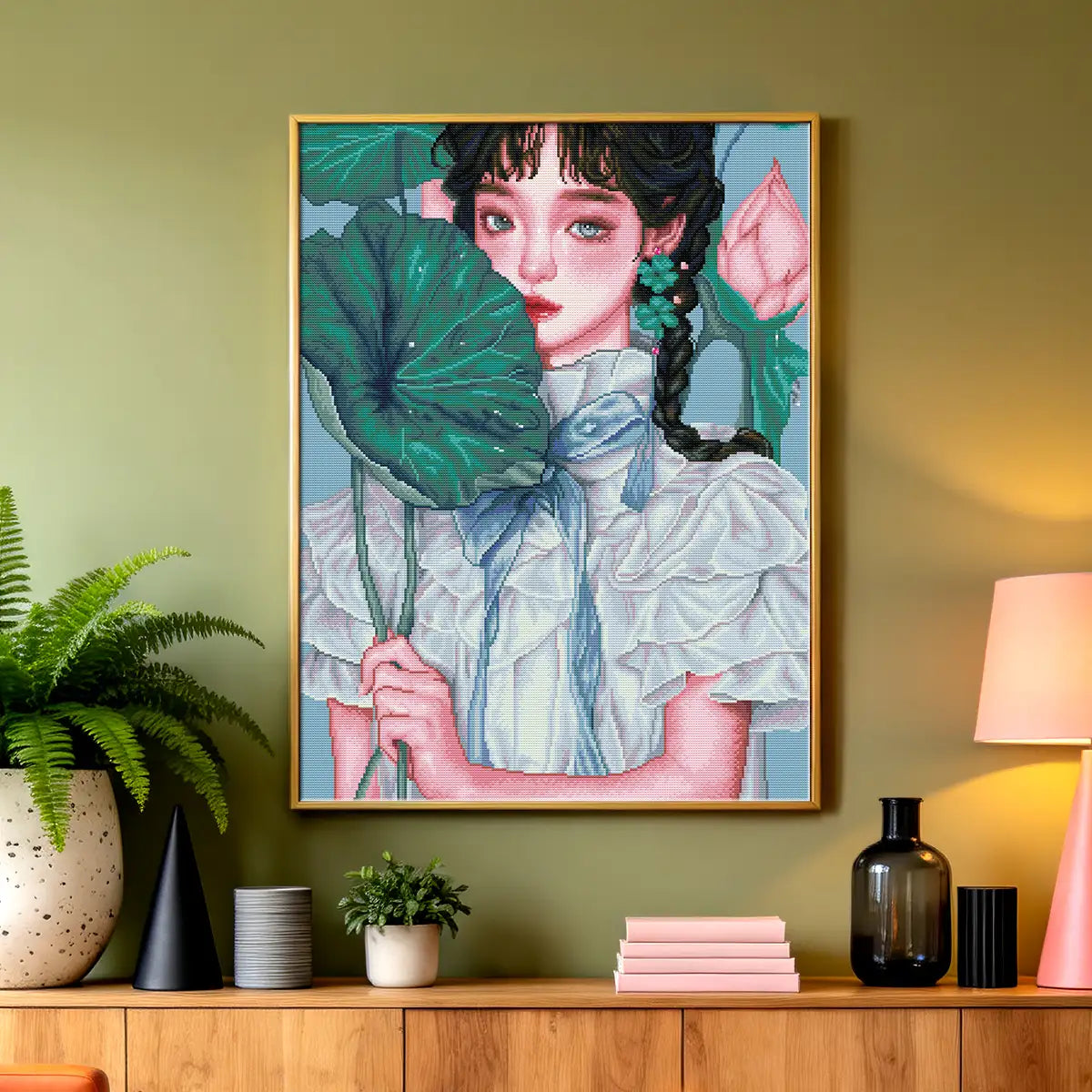 Dewy Flora 5D diamond painting in bedroom: creates fresh, tranquil atmosphere - FEELOOK Art
