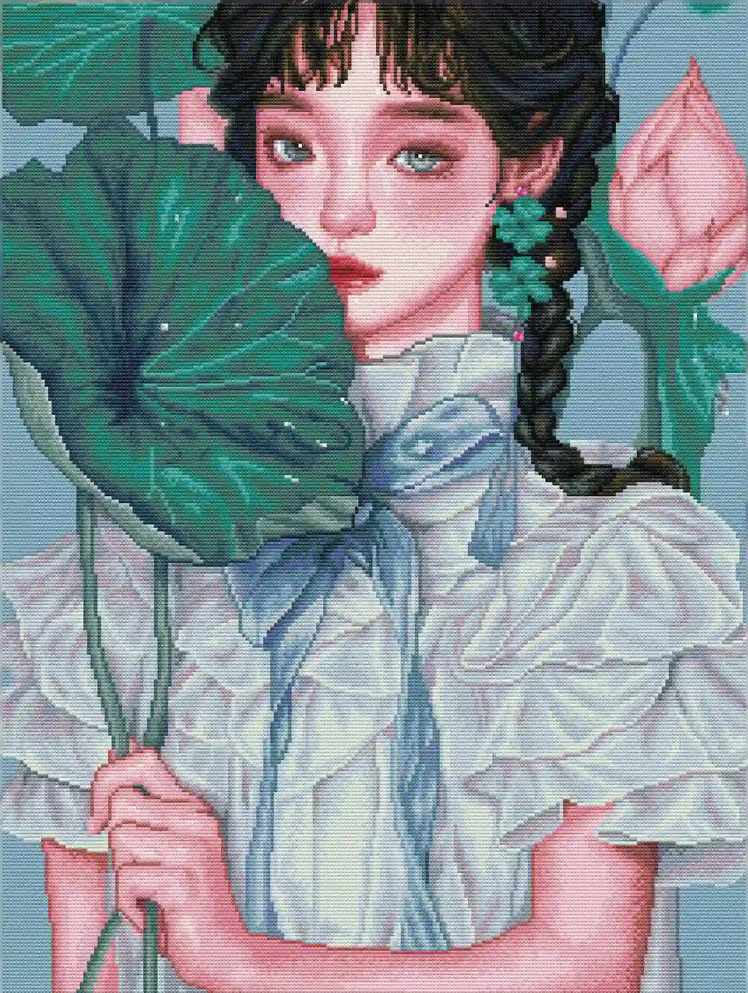 Completed Dewy Flora 5D diamond painting: detailed scene with dewy lotus leaf & delicate fabric texture - FEELOOK Art