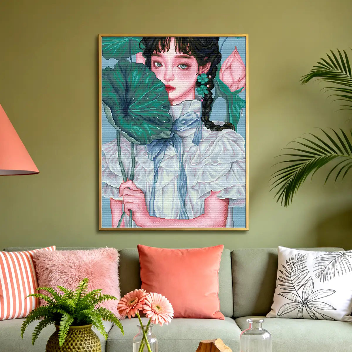 Dewy Flora 5D diamond painting in living room: adds soft floral charm to decor - FEELOOK Art