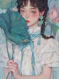 Main image of Dewy Flora 5D diamond painting: figure with lotus leaf & soft blue accents against mint backdrop - FEELOOK Art