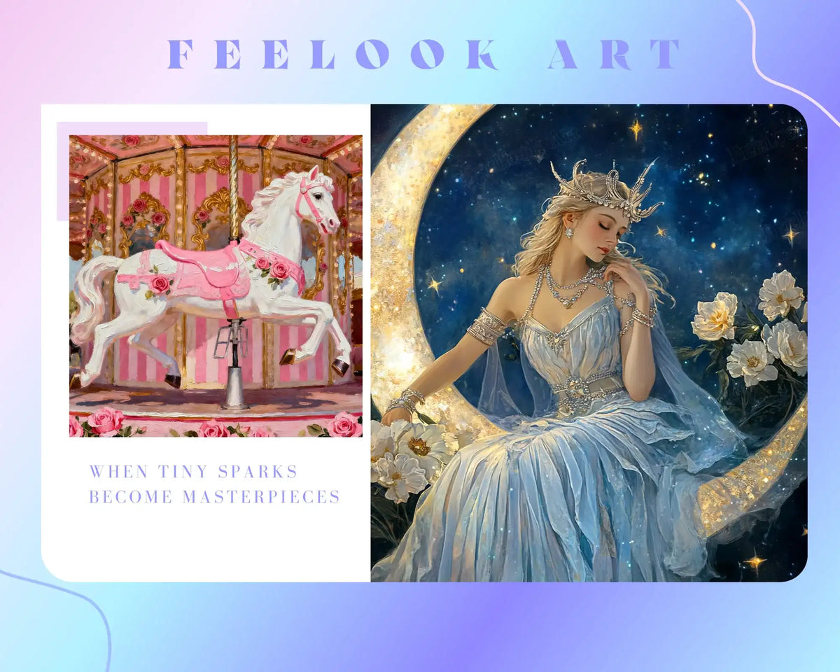 Fantasy diamond painting designs featuring carousel horse and moon goddess artwork, showcasing elegant, dreamy and detailed DIY art style - FEELOOK Art