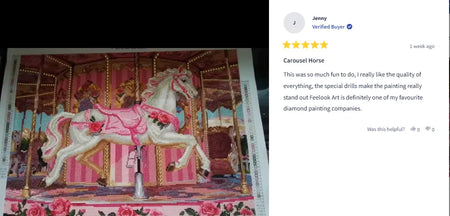 Customer review of carousel horse diamond painting praising vibrant colors, special drills and overall high quality crafting experience - FEELOOK Art