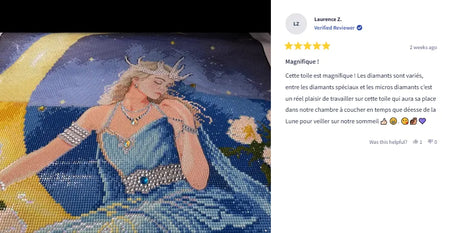 Customer review of moon goddess diamond painting in French highlighting detailed design, mixed drills and enjoyable crafting experience - FEELOOK Art