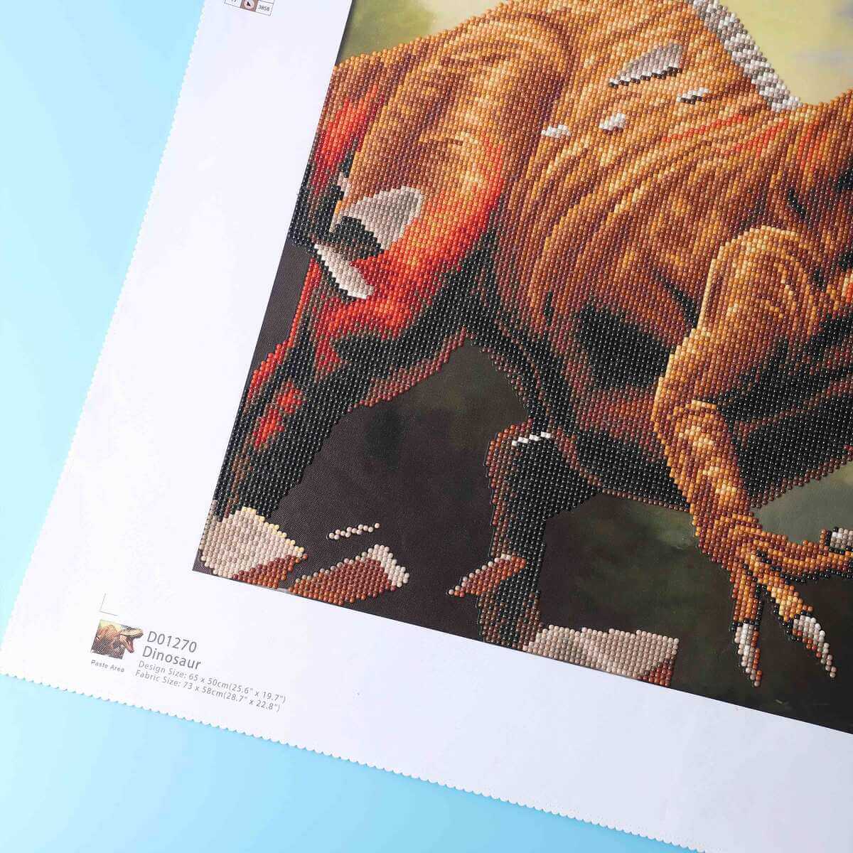 Detailed view of the Dinosaur’s skin texture, highlighting the realism of this diamond painting design and the diamond art creation process.
