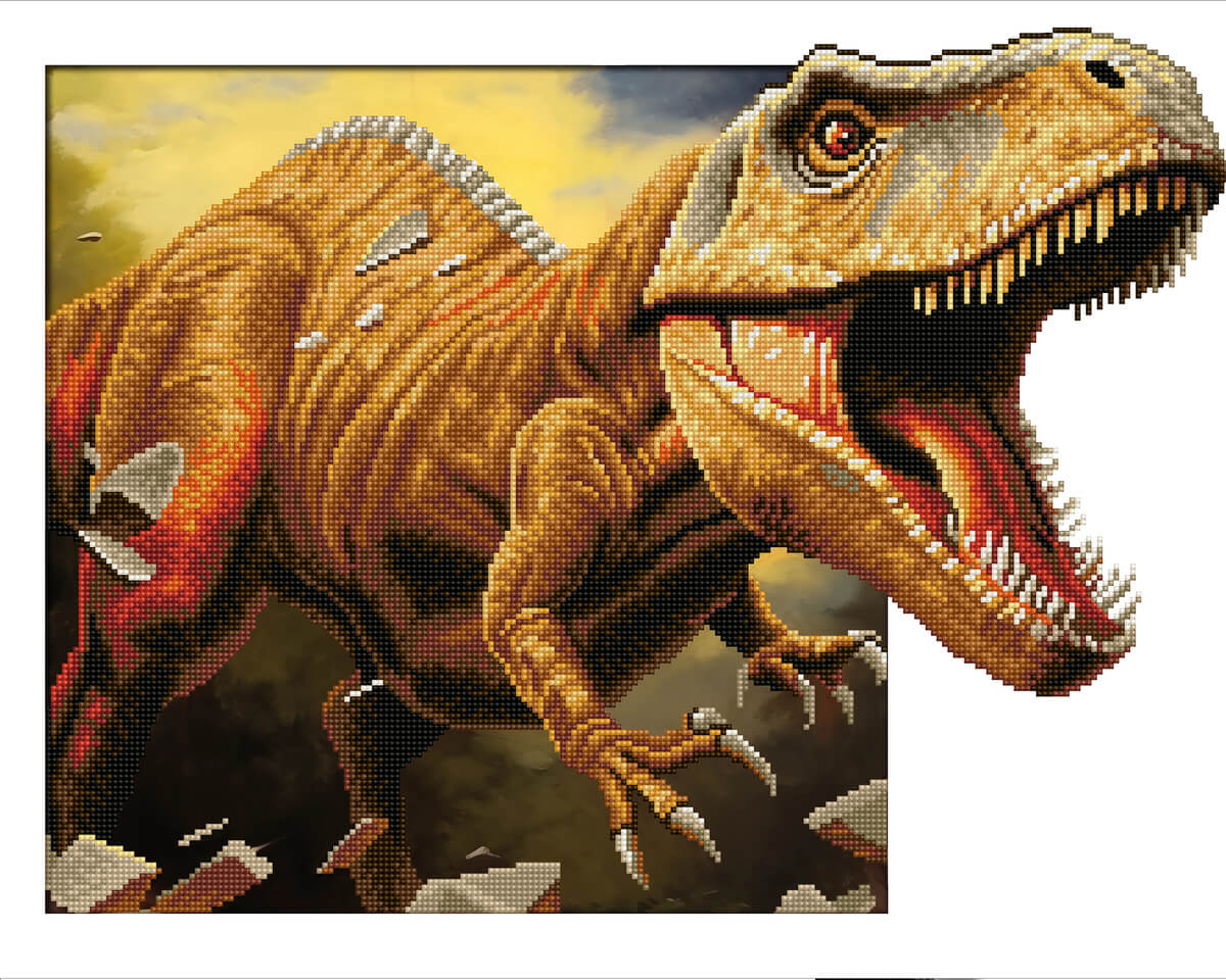 Rendered view of the Dinosaur diamond painting canvas, showcasing the vibrant and detailed artwork of a powerful dinosaur in full color.