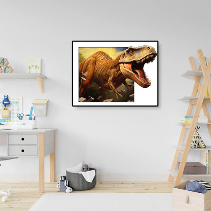 Dinosaur diamond painting on the wall, bringing a sense of adventure and excitement to your living space, perfect for any dinosaur lover.