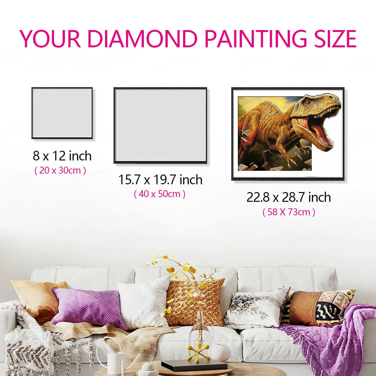 Size guide for the Dinosaur diamond painting canvas, illustrating how this vibrant design fits perfectly in various room sizes, great for home decor.