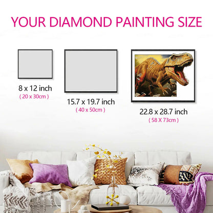 Size guide for the Dinosaur diamond painting canvas, illustrating how this vibrant design fits perfectly in various room sizes, great for home decor.