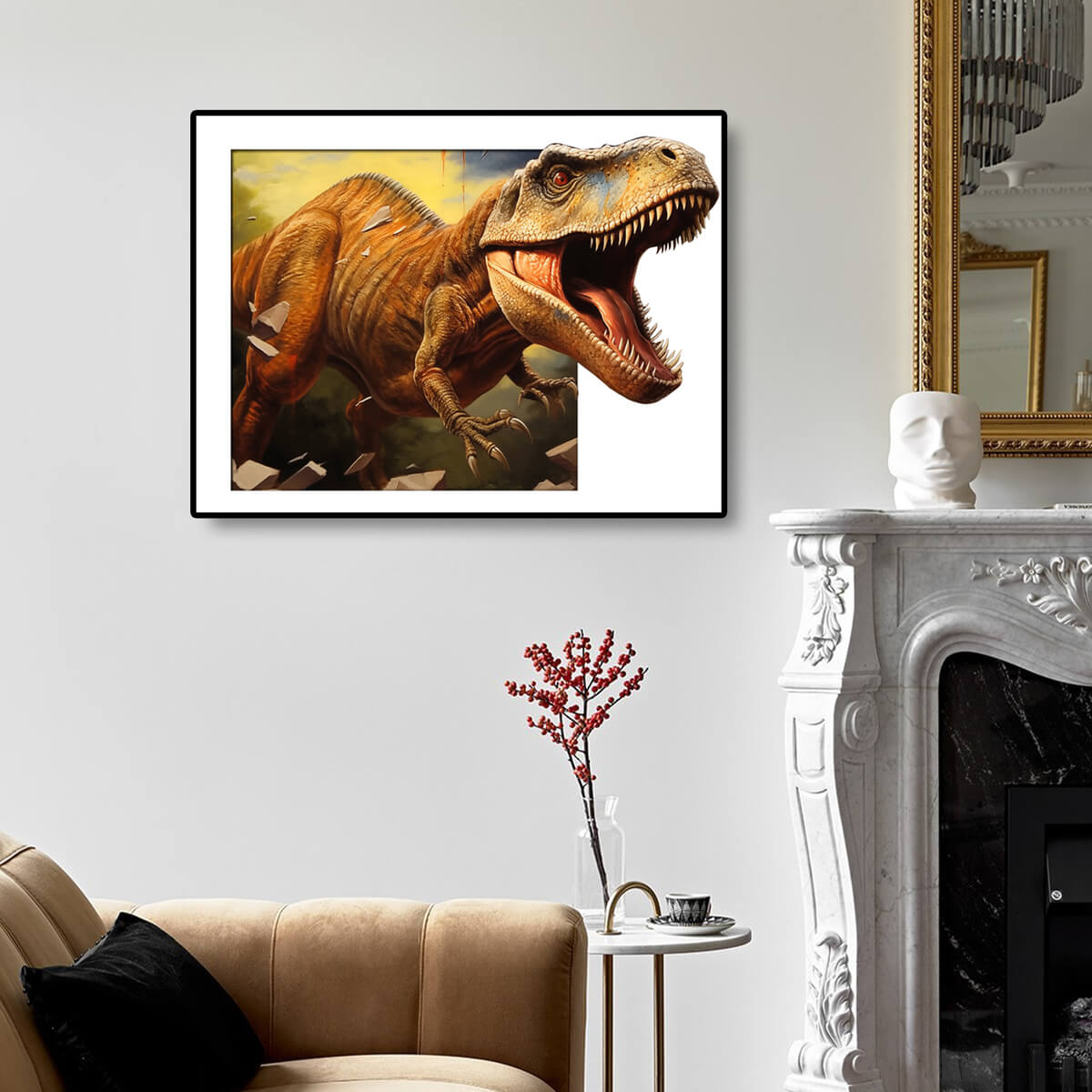 Dinosaur diamond art kit displayed on the wall, capturing the wonder of these ancient creatures, ideal for diamond painting home decor.
